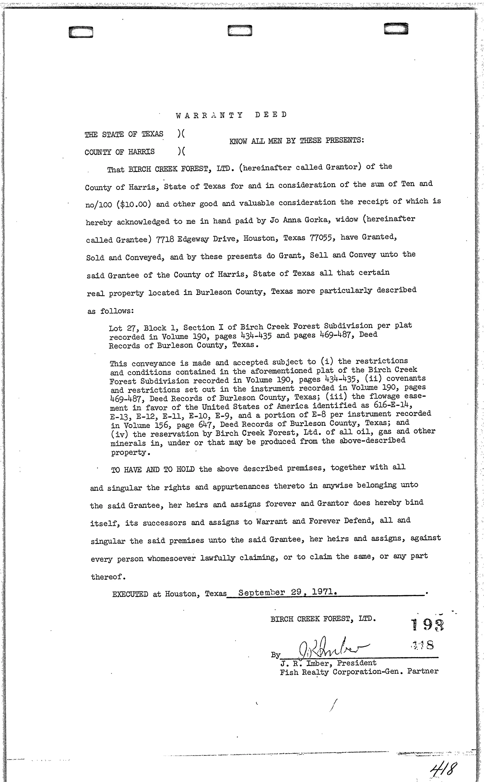 Fish Realty Corp General Partner - Recorded Warranty Deed (Vol. 193, Page 418)